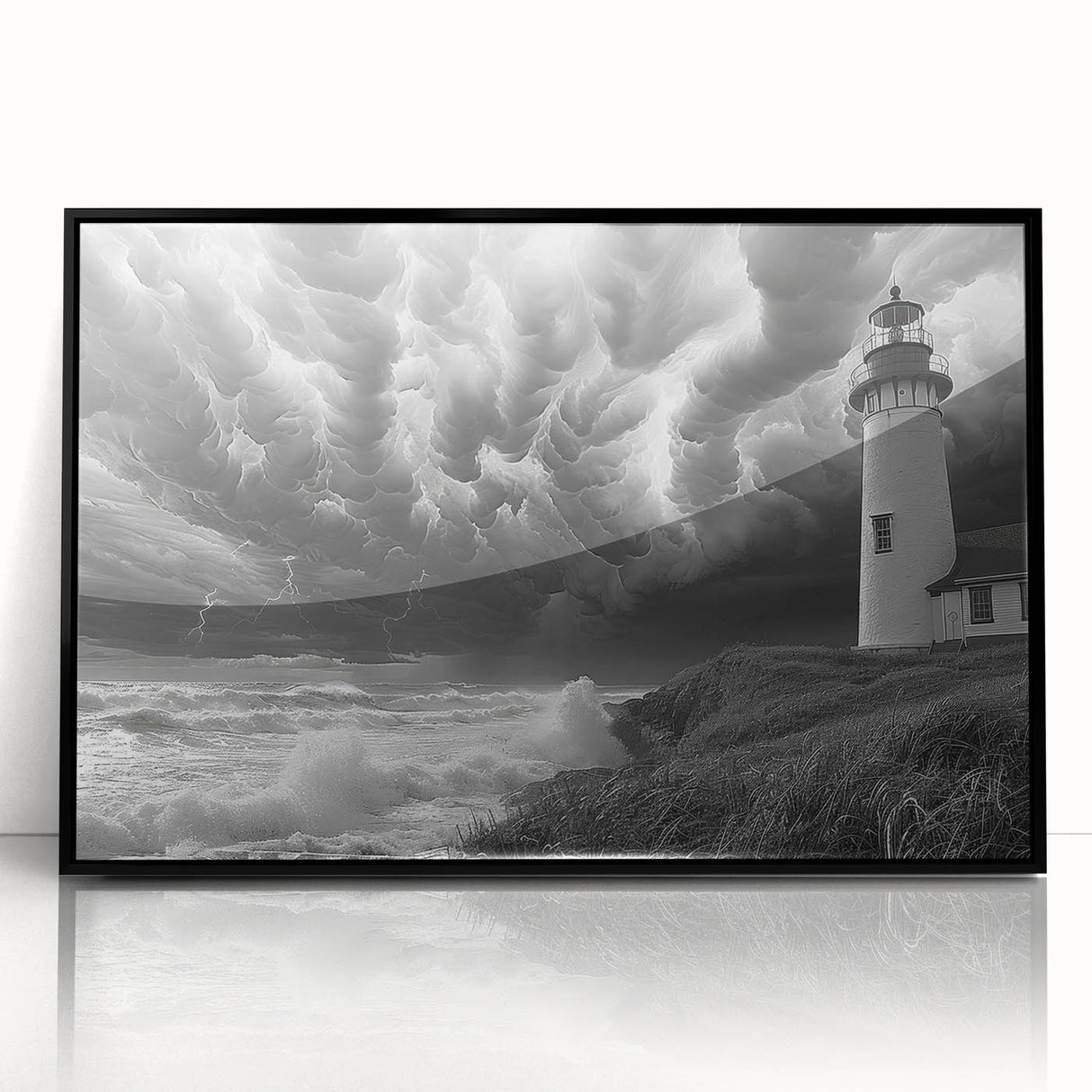 Framed acrylic wall art featuring a serene lighthouse landscape design, showcasing vibrant colors and intricate details, perfect for nautical-themed decor.