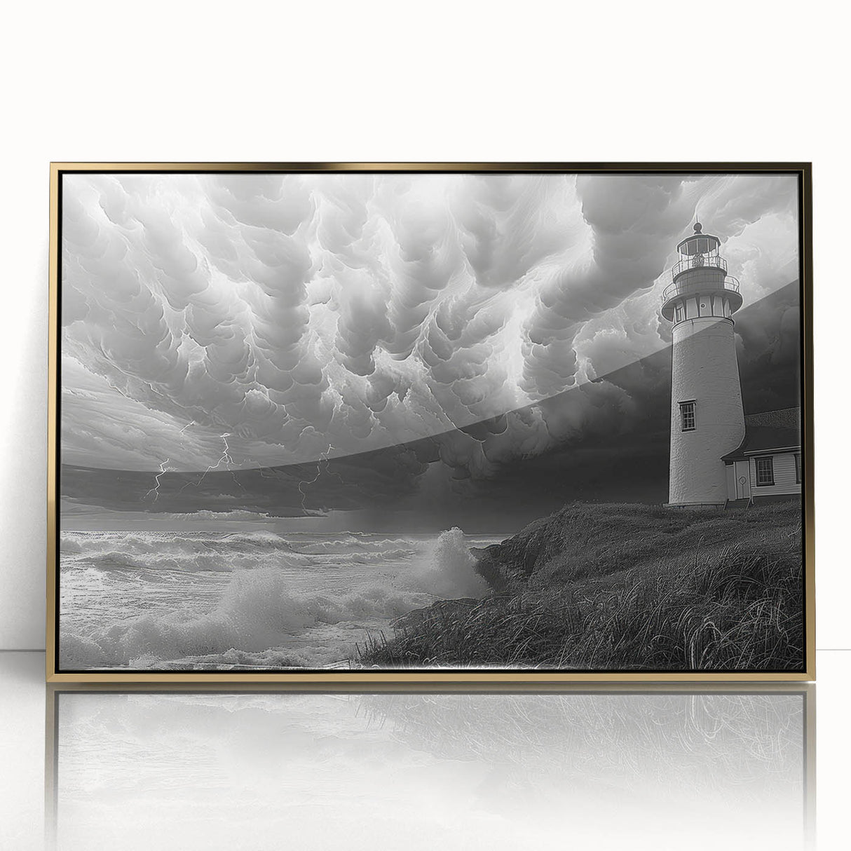 Framed acrylic wall art featuring a stunning lighthouse design, elegantly showcased in gold accents, perfect for enhancing coastal-themed decor and adding a touch of sophistication to any room.