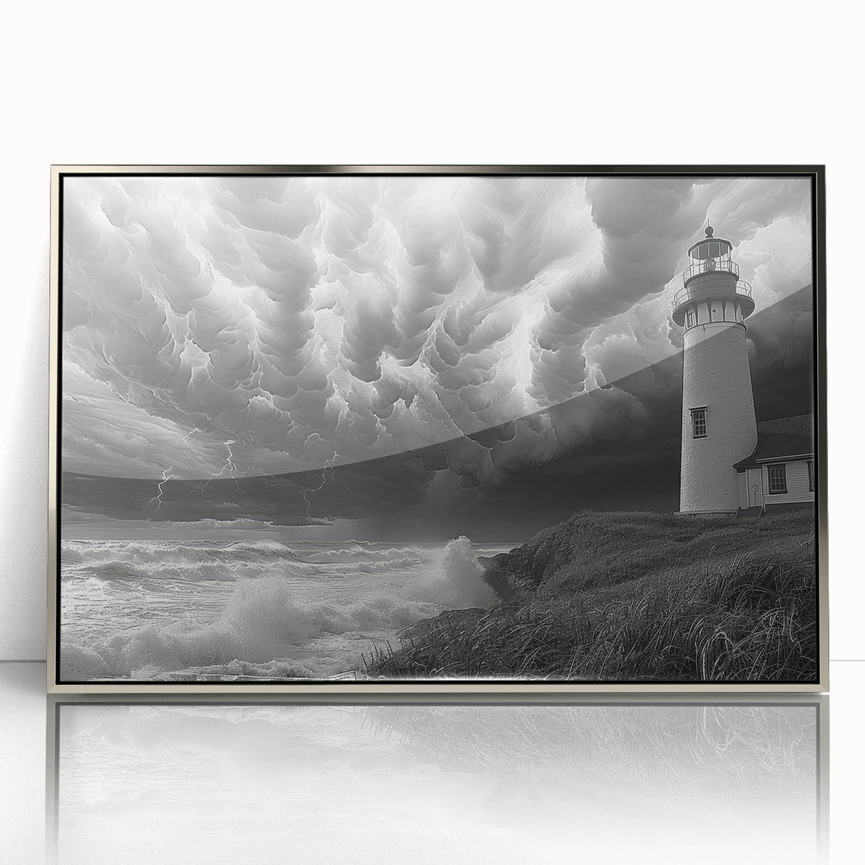 Framed wall art featuring a serene lighthouse design, set against a vibrant landscape, with a sleek silver frame that enhances its coastal charm. Perfect for nautical-themed decor.