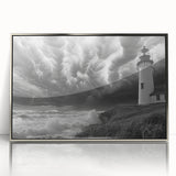 Framed wall art featuring a serene lighthouse design, set against a vibrant landscape, with a sleek silver frame that enhances its coastal charm. Perfect for nautical-themed decor.