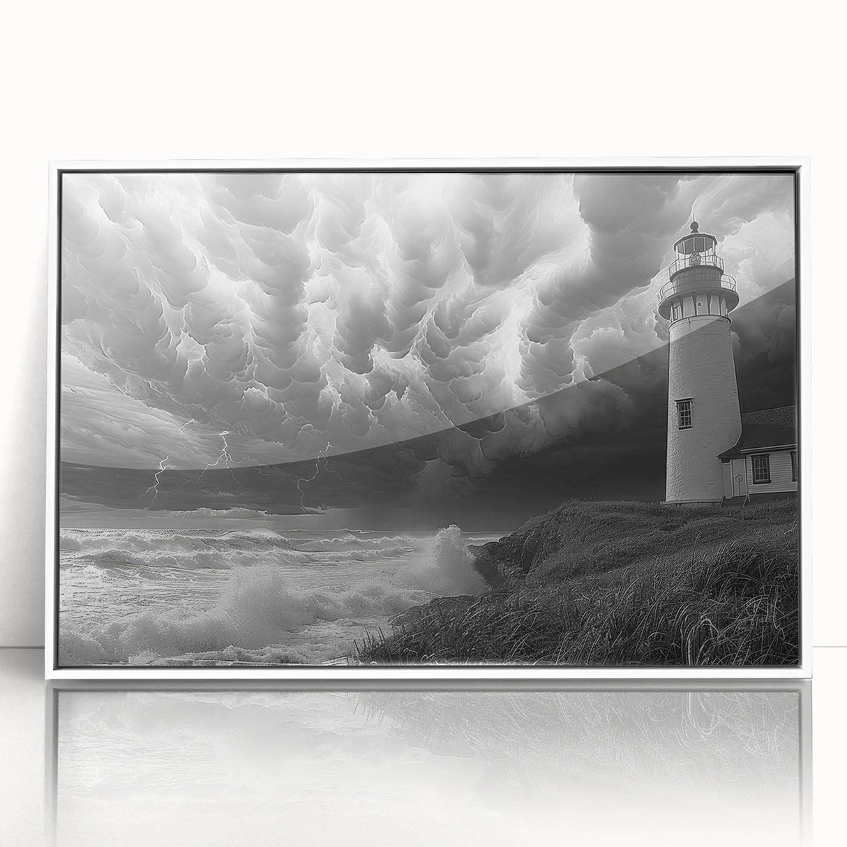 Framed acrylic wall art featuring a serene lighthouse design with vibrant colors, set against a coastal landscape, ideal for home decor enthusiasts.