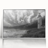 Framed acrylic wall art featuring a serene lighthouse design with vibrant colors, set against a coastal landscape, ideal for home decor enthusiasts.
