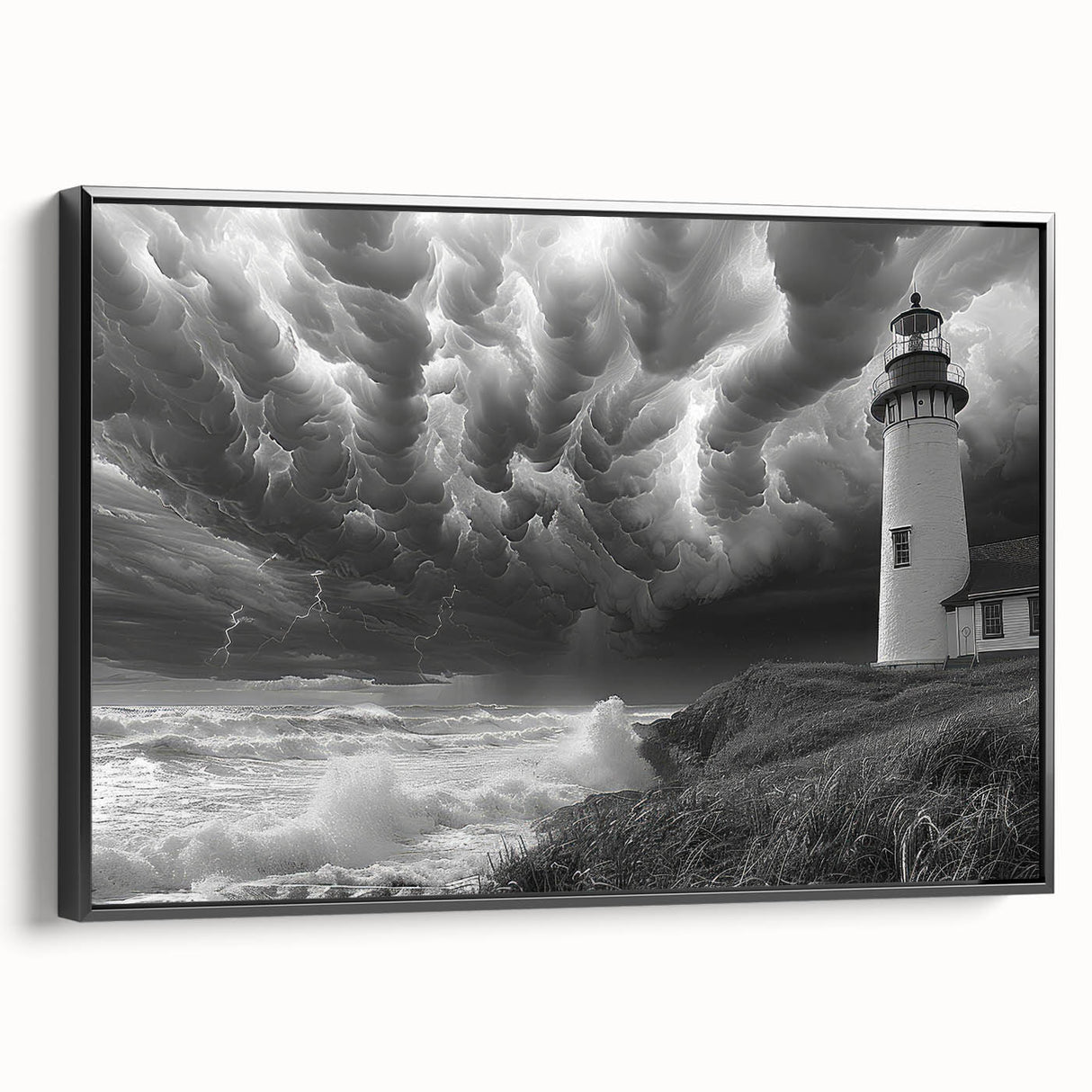 Framed canvas wall art showcasing a serene lighthouse scene with vibrant colors and intricate details, ideal for coastal-themed decor in any room.