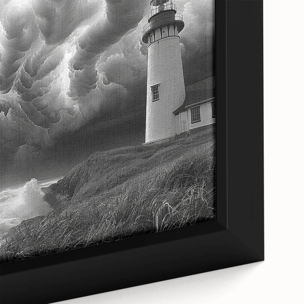 Framed close-up of a stunning lighthouse wall art piece, showcasing vibrant colors and intricate details on canvas, perfect for coastal decor enthusiasts.