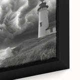 Framed close-up of a stunning lighthouse wall art piece, showcasing vibrant colors and intricate details on canvas, perfect for coastal decor enthusiasts.
