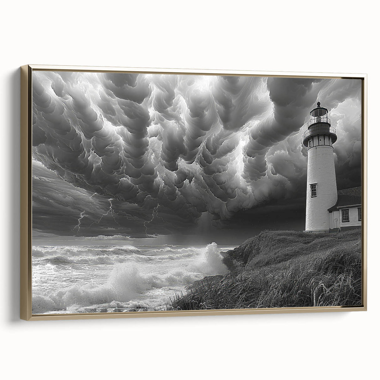 Framed canvas wall art showcasing a serene lighthouse landscape design with gold accents, perfect for coastal-themed decor and enhancing interiors with warmth.