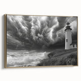 Framed canvas wall art showcasing a serene lighthouse landscape design with gold accents, perfect for coastal-themed decor and enhancing interiors with warmth.