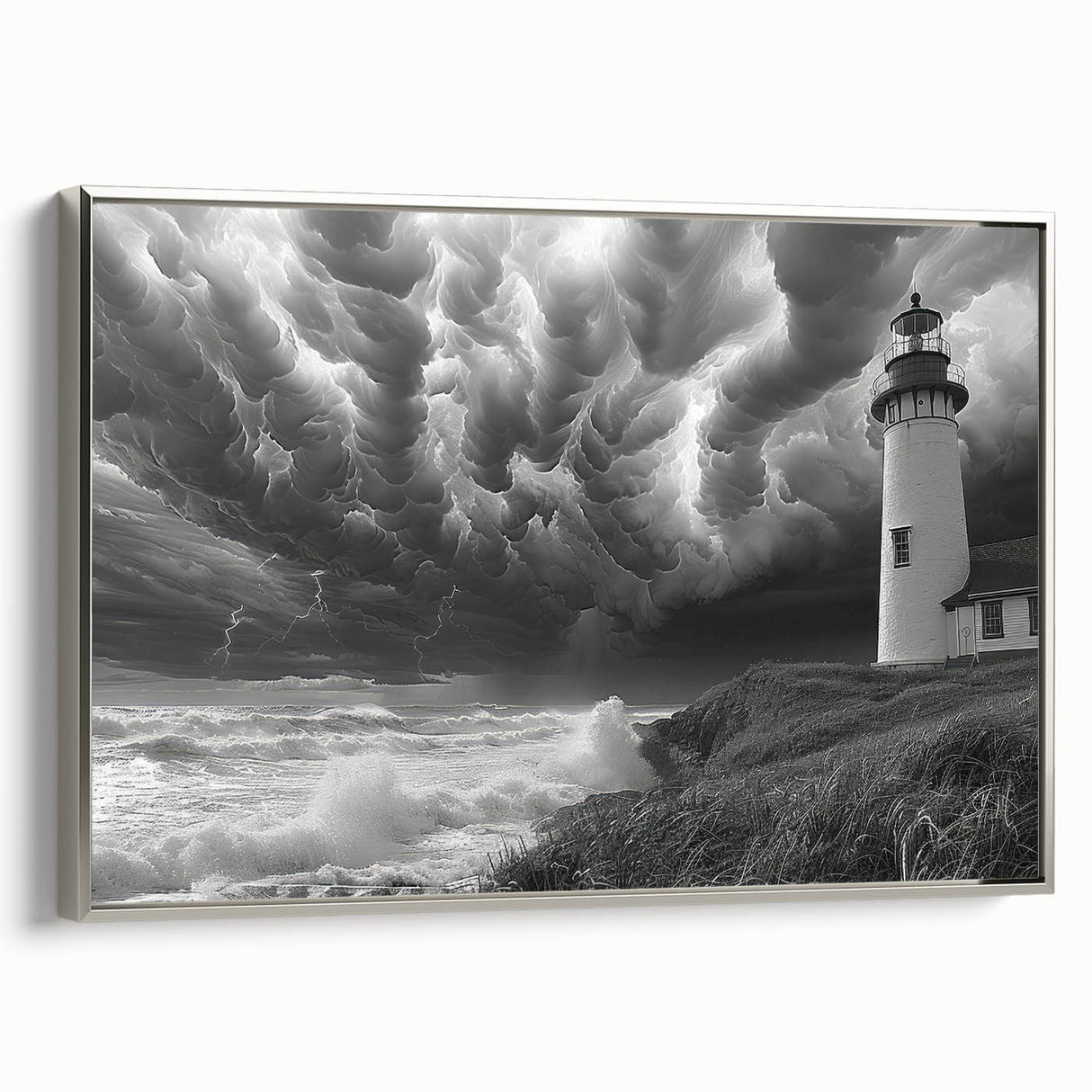 Framed wall art featuring a silver lighthouse design against a serene landscape, showcasing rich colors and intricate details, perfect for coastal-themed decor.