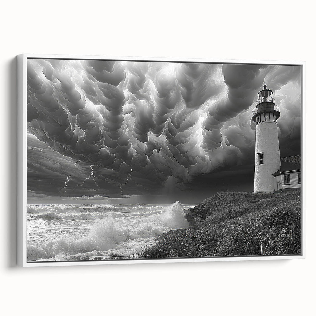 Framed canvas wall art featuring a serene lighthouse design in a coastal landscape, showcasing vibrant blues and soft whites, ideal for nautical-themed decor.