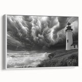Framed canvas wall art featuring a serene lighthouse design in a coastal landscape, showcasing vibrant blues and soft whites, ideal for nautical-themed decor.