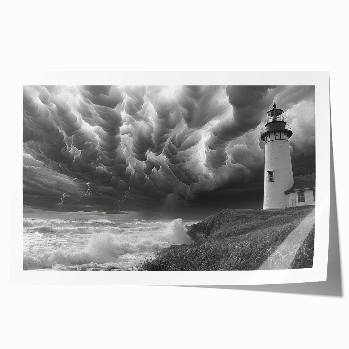 Vibrant rolled print of a coastal lighthouse scene, showcasing vivid colors and intricate details, ideal for home decor or art lovers, packaged securely for delivery.