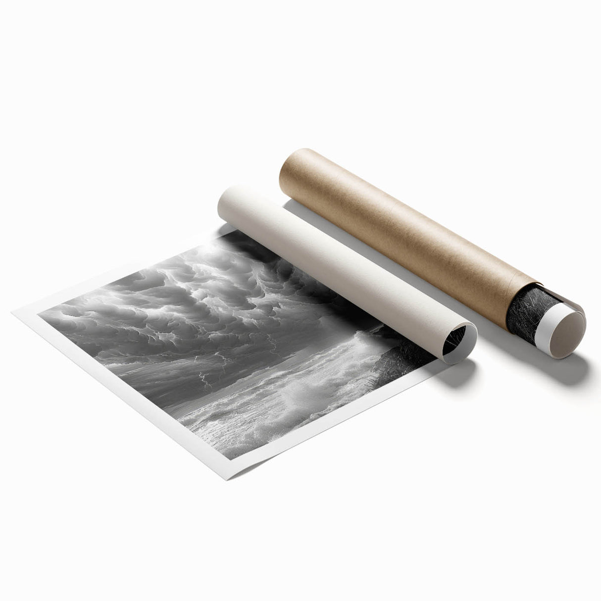 Rolled print showcasing a serene coastal landscape with a lighthouse, vibrant blue skies, and lush greenery, perfect for enhancing home decor.