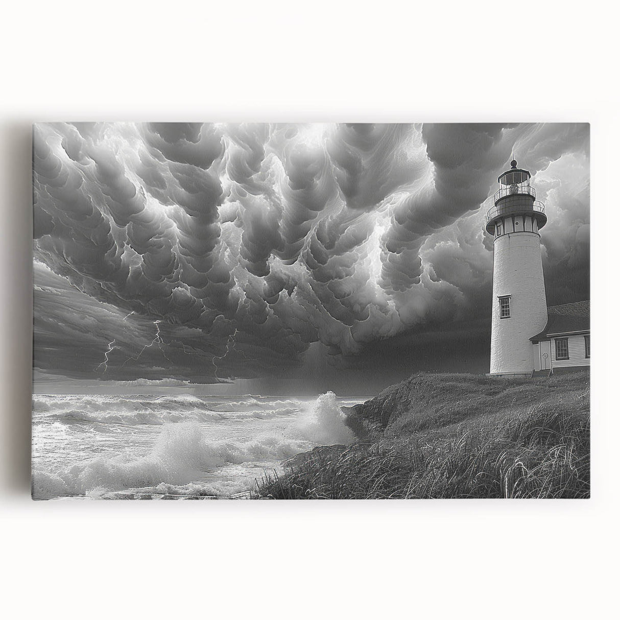Stretched canvas wall art depicting a serene lighthouse landscape with vibrant colors, perfect for enhancing coastal-themed home decor.