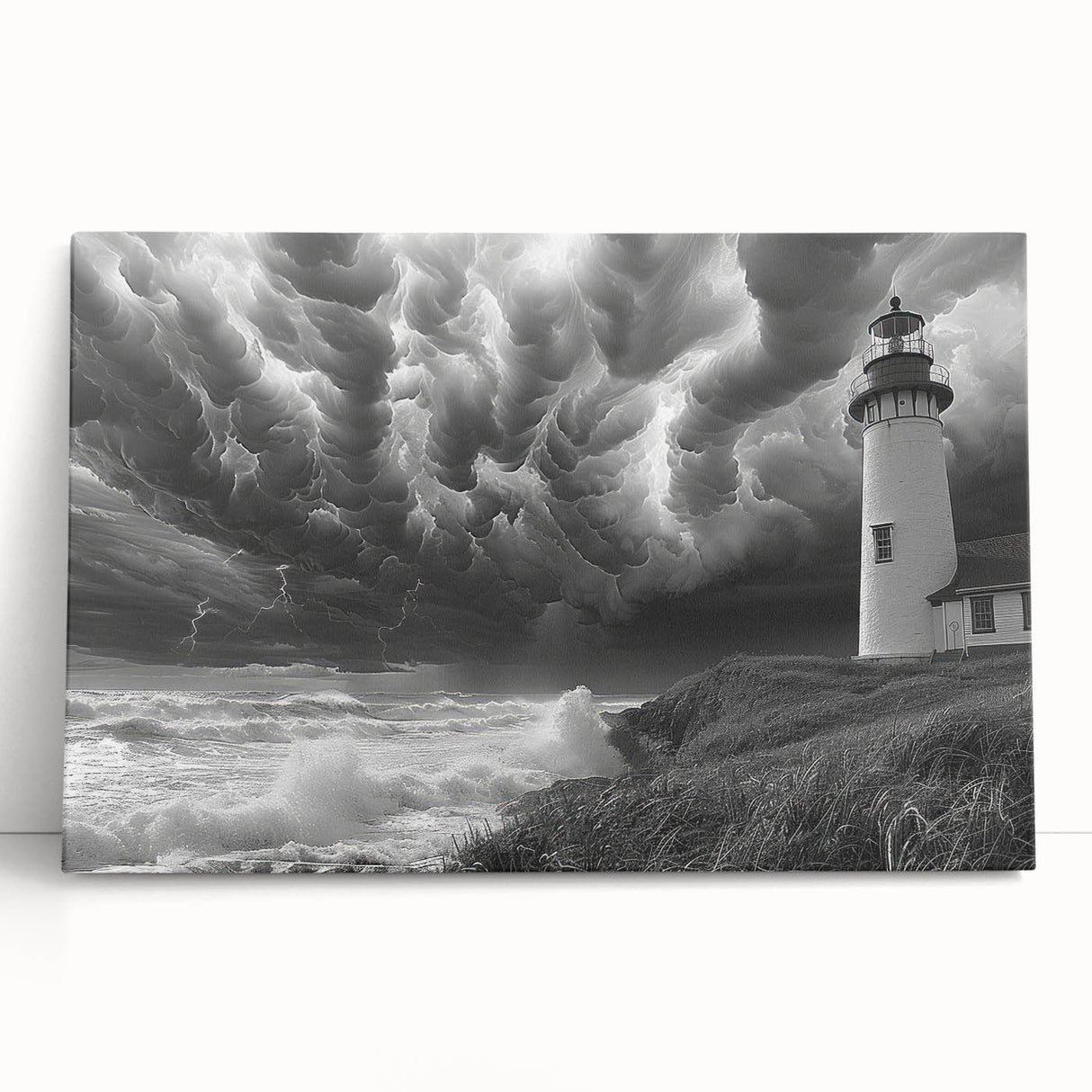 Stretched canvas wall art displaying a serene lighthouse landscape at sunset, featuring vibrant colors and calming ocean waves, perfect for coastal-themed decor.