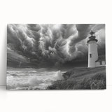 Stretched canvas wall art displaying a serene lighthouse landscape at sunset, featuring vibrant colors and calming ocean waves, perfect for coastal-themed decor.