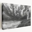 Stretched canvas wall art featuring a serene lighthouse design against a vibrant sunset, showcasing rich colors and intricate details, perfect for coastal-themed decor.