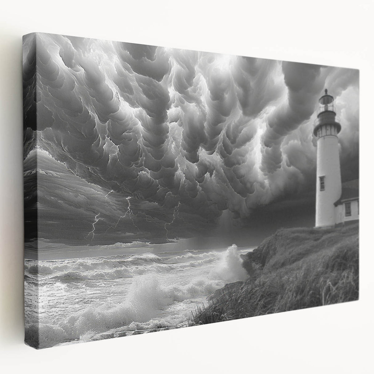 Stretched canvas wall art featuring a serene lighthouse design against a vibrant sunset, showcasing rich colors and intricate details, perfect for coastal-themed decor.