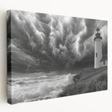 Stretched canvas wall art featuring a serene lighthouse design against a vibrant sunset, showcasing rich colors and intricate details, perfect for coastal-themed decor.