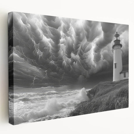 Stretched canvas wall art featuring a serene lighthouse design against a vibrant sunset, showcasing rich colors and intricate details, perfect for coastal-themed decor.