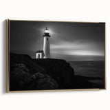 Framed canvas wall art showcasing a serene lighthouse landscape design with golden accents, perfect for enhancing coastal-themed interiors and home decor.