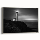 Framed canvas wall art showcasing a serene lighthouse landscape design with silver accents, perfect for coastal home decor. Ideal for adding elegance to any living space.