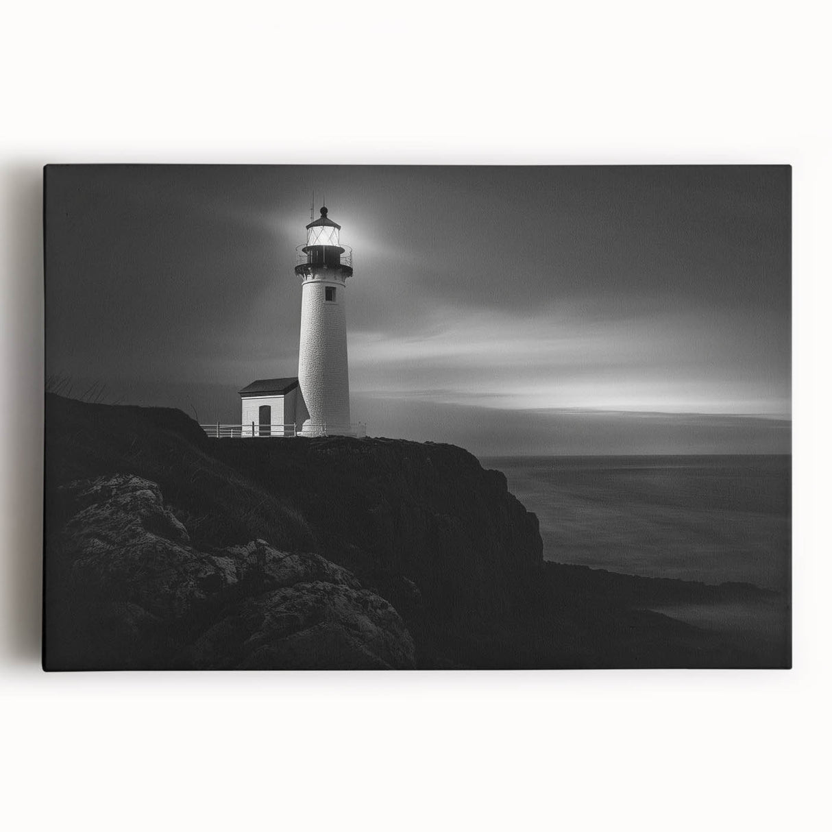 Vibrant stretched canvas wall art featuring a serene lighthouse landscape against a sunset backdrop, ideal for coastal home decor or nautical-themed interiors.