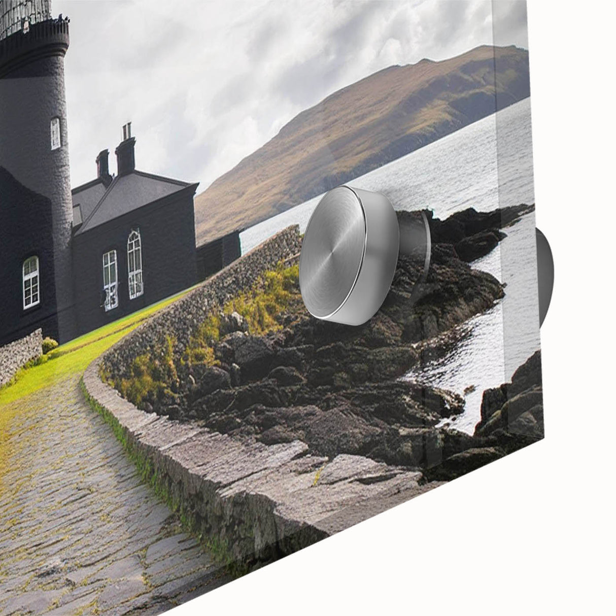 Close-up of a vibrant acrylic glass artwork showcasing a serene lighthouse design set against a colorful landscape, perfect for coastal-themed decor.