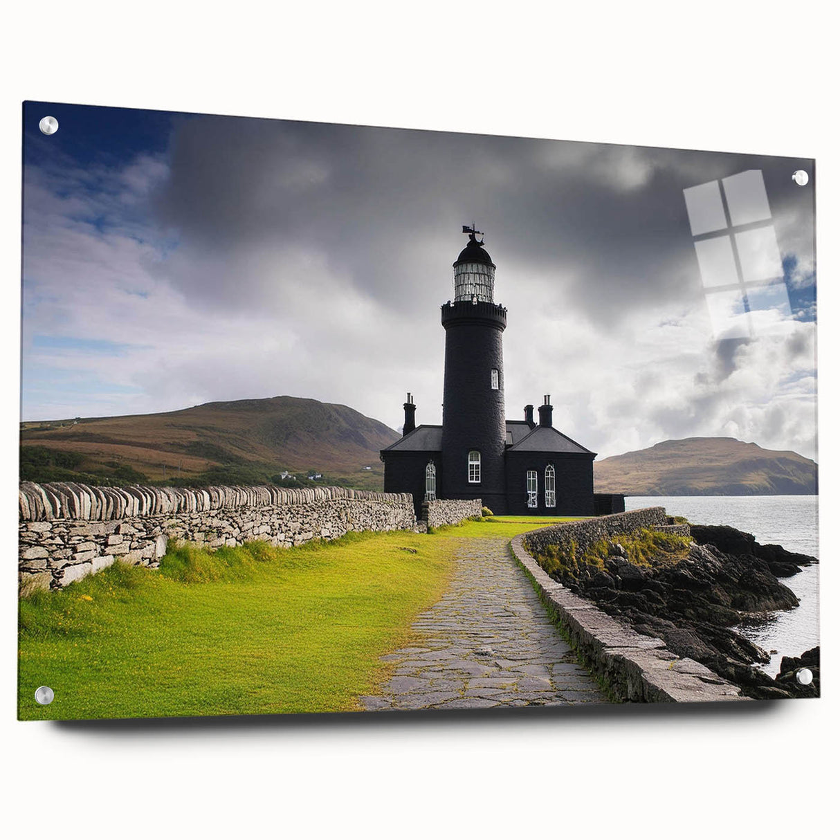 Acrylic wall art showcasing a vibrant lighthouse design in a serene landscape, viewed from the side with visible mounting pins, perfect for coastal decor enthusiasts.