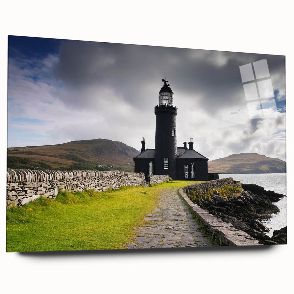 Acrylic glass wall art featuring a serene landscape with a lighthouse, showcasing vibrant colors and fine details, ideal for coastal home decor.