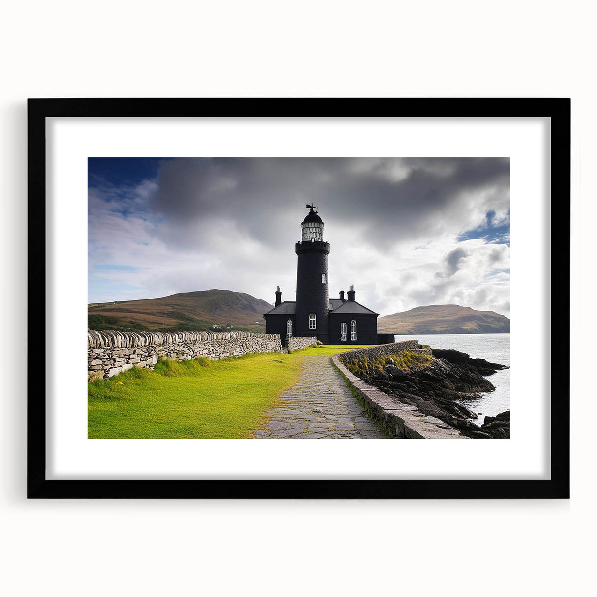 Framed wall art featuring a serene lighthouse landscape design, surrounded by a black mat, perfect for coastal-themed home decor. Ideal for adding tranquility to living spaces.