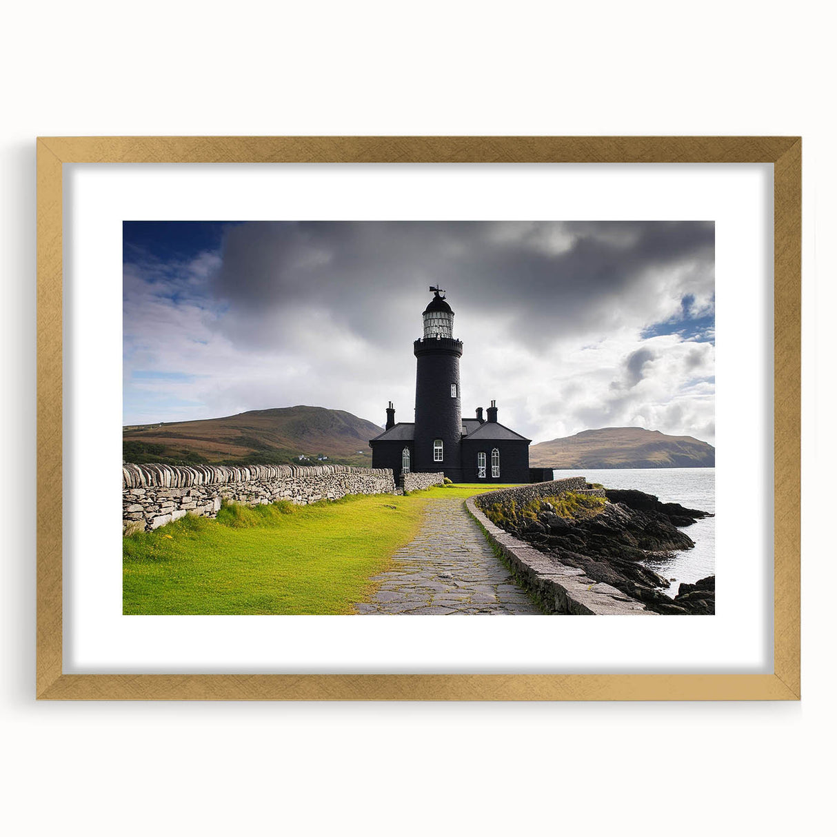 Framed wall art featuring a serene lighthouse landscape design with a gold mat, ideal for coastal home decor, enhancing interior elegance and tranquility.