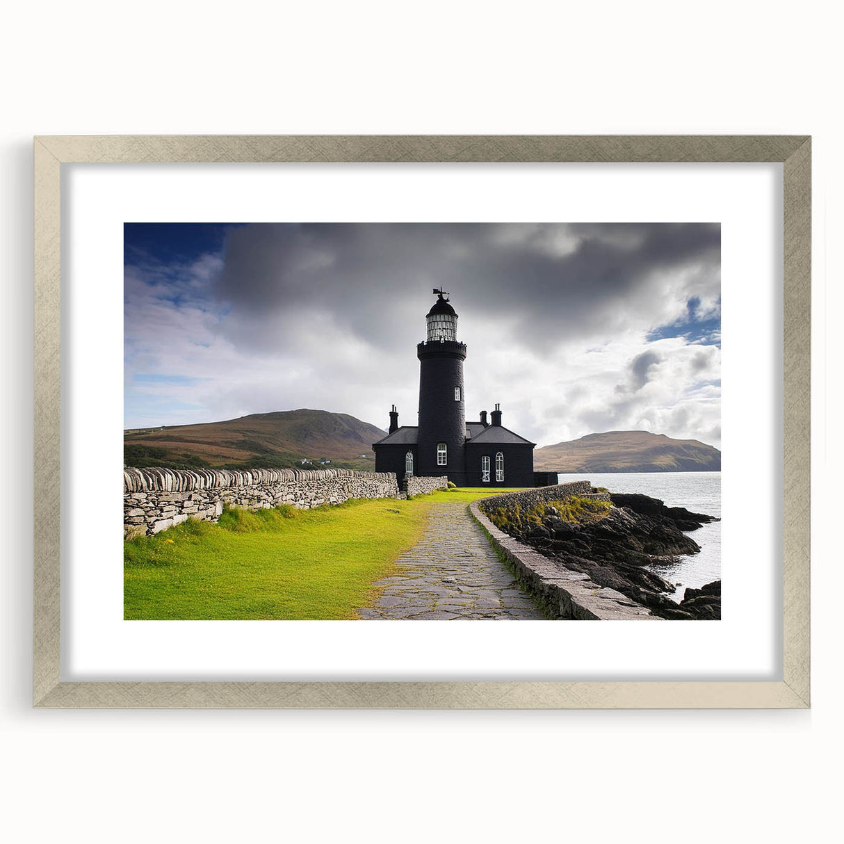 Framed wall art showcasing a serene lighthouse landscape design with a silver mat, ideal for enhancing home decor and creating a calming atmosphere.