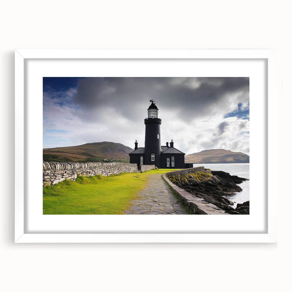 Framed wall art featuring a serene landscape with a lighthouse, designed with a white mat and sleek frame, perfect for coastal-themed decor.