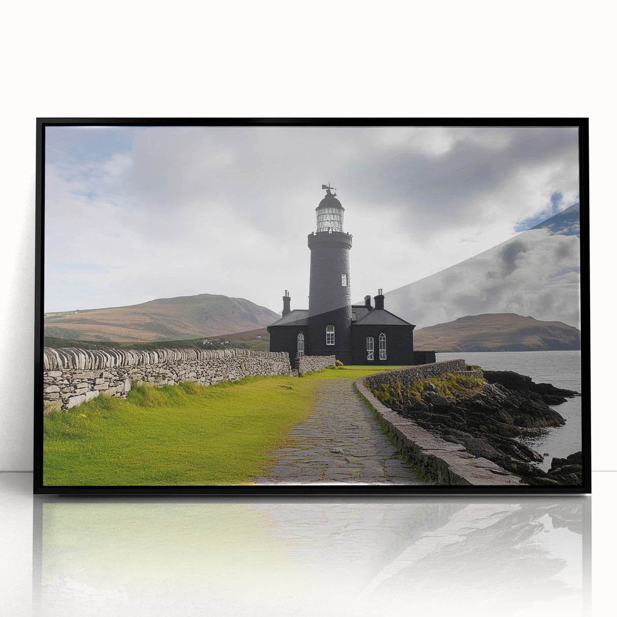 Framed wall art showcasing a serene lighthouse design set against a vibrant sunset, featuring black framing and acrylic glass for a modern touch. Ideal for coastal-themed decor.