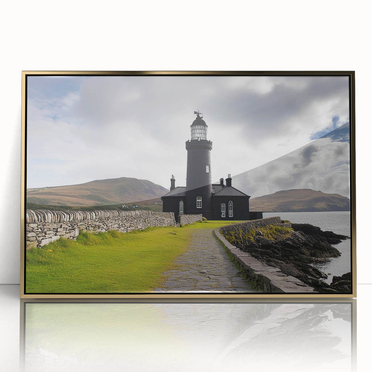 Framed wall art featuring a stunning lighthouse design with a gold-acrylic finish, set against a serene coastal landscape, perfect for enhancing home decor.