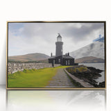 Framed wall art featuring a stunning lighthouse design with a gold-acrylic finish, set against a serene coastal landscape, perfect for enhancing home decor.