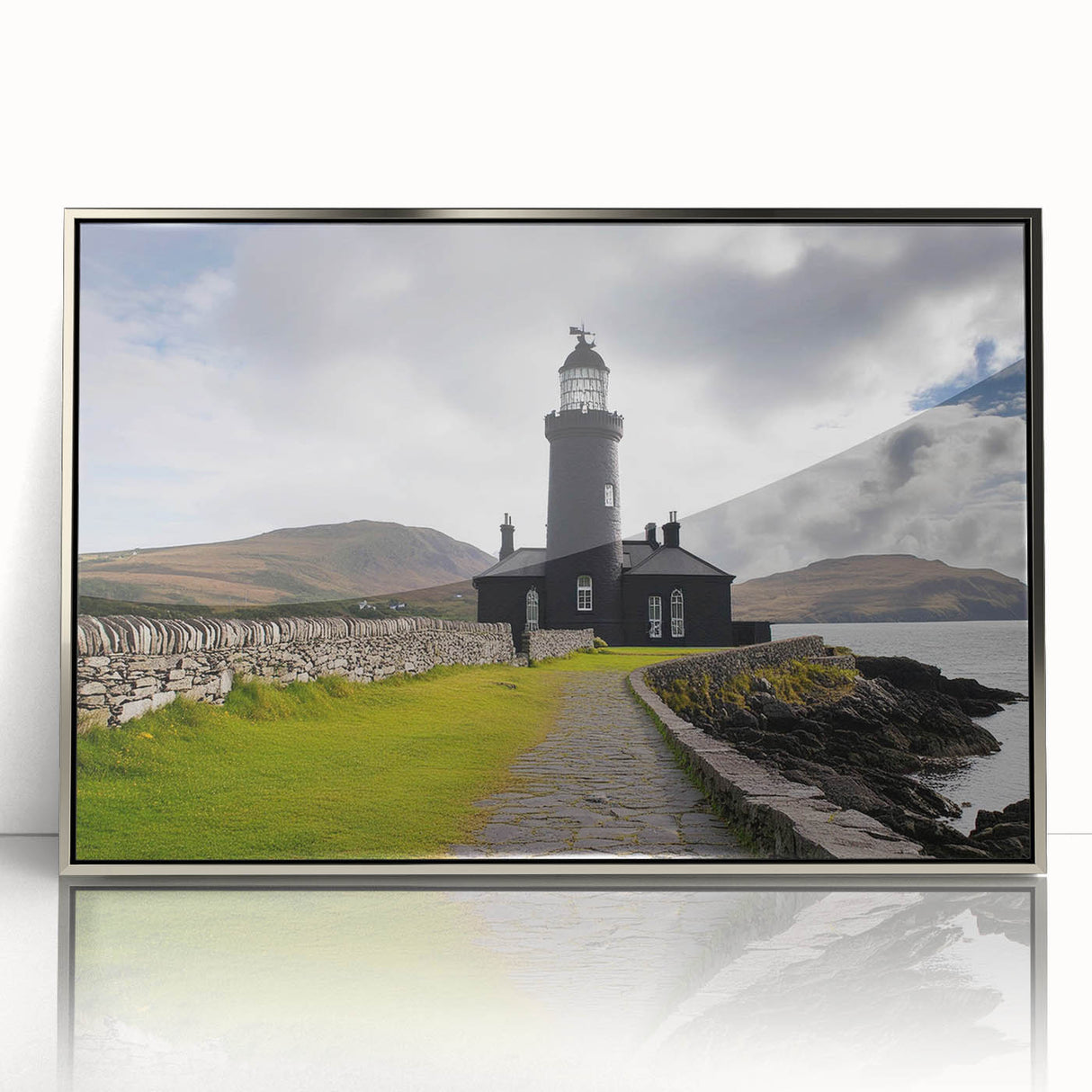 Framed acrylic wall art showcasing a serene lighthouse landscape with a silver border, perfect for coastal-themed home decor. Elegant design enhances any space.