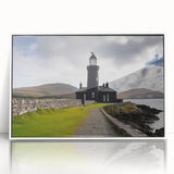 Framed acrylic wall art featuring a serene lighthouse design with a vibrant sunset background, perfect for coastal decor. Ideal for enhancing living spaces.