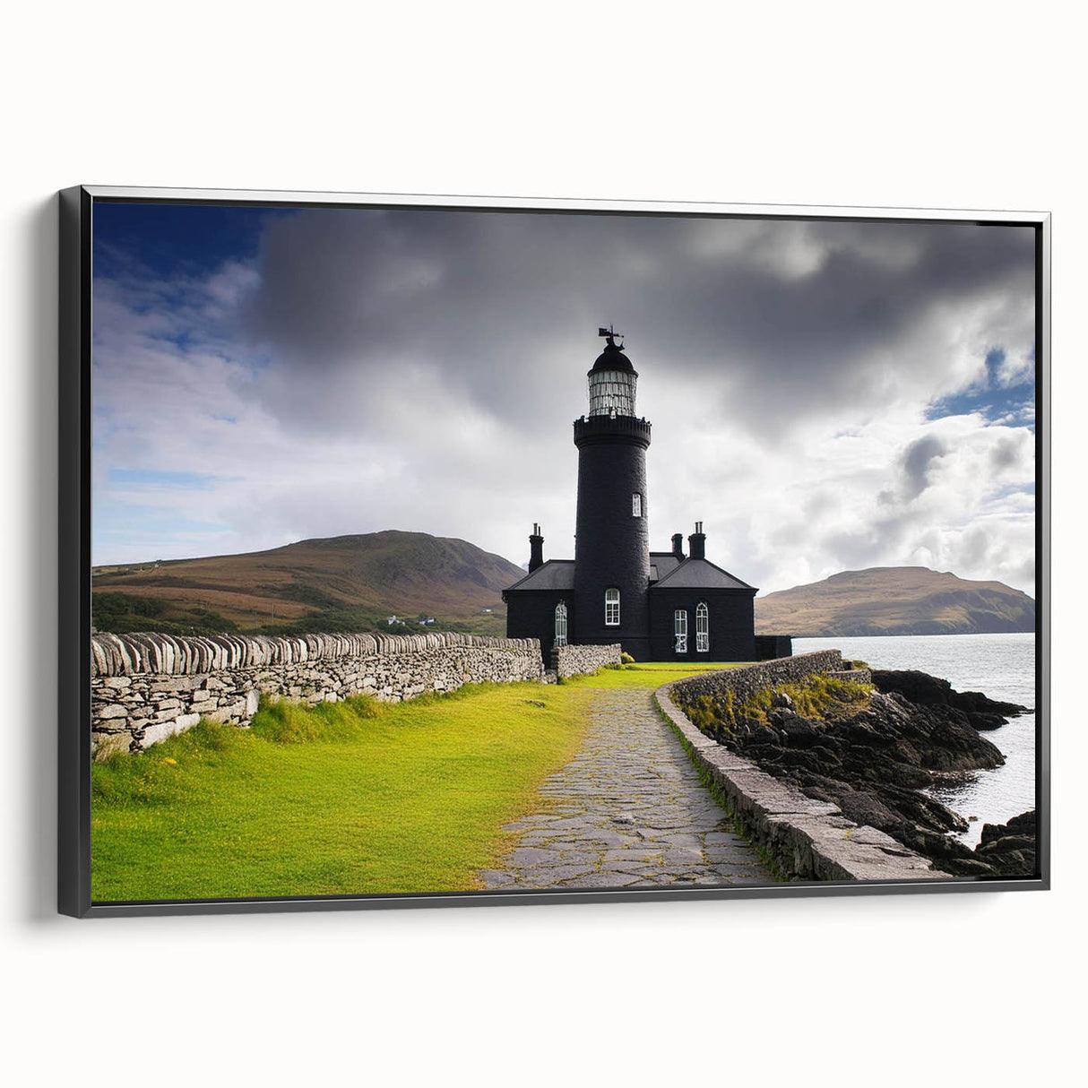 Framed canvas wall art showcasing a serene coastal landscape with a lighthouse, featuring rich colors and intricate details, perfect for home decor enthusiasts.