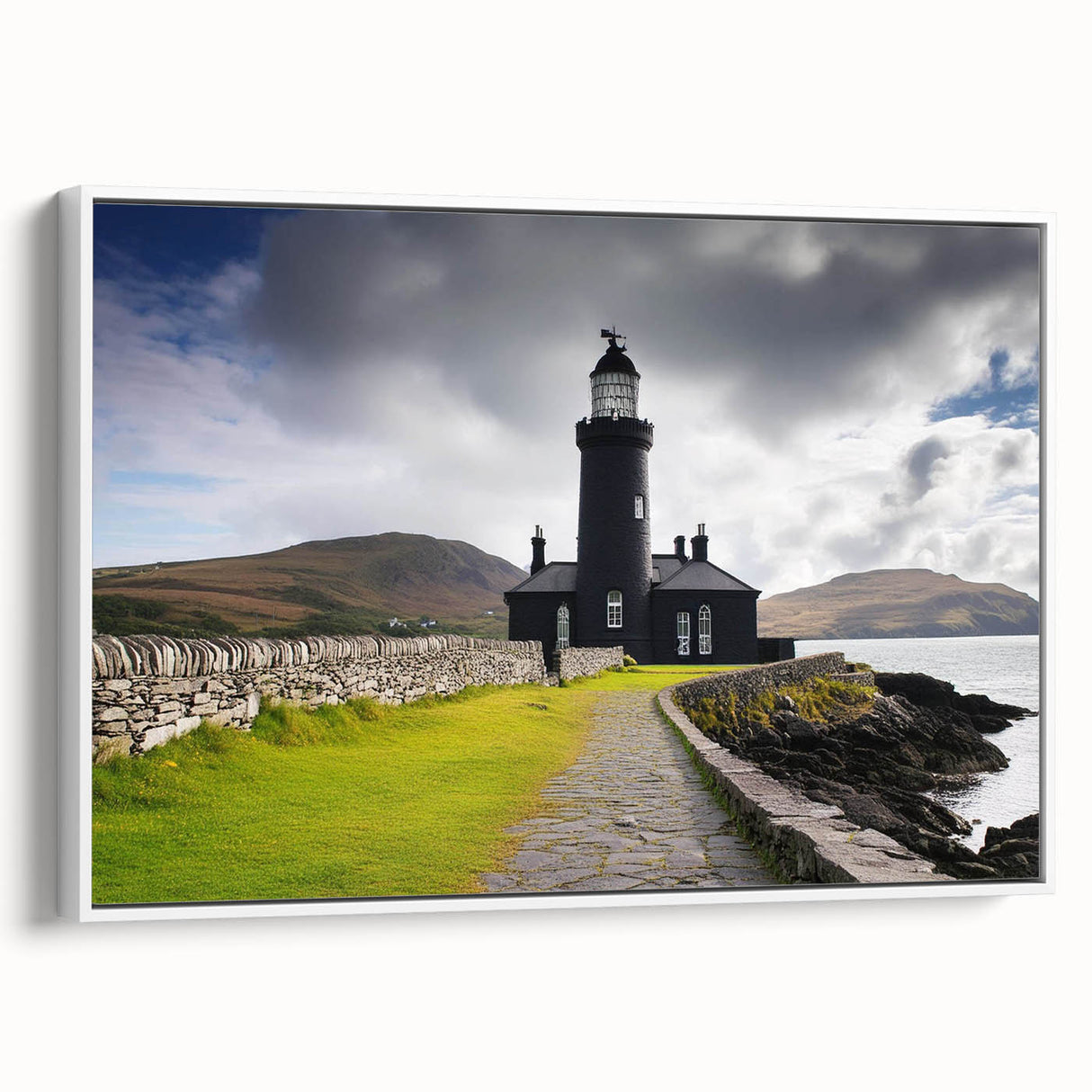 Framed canvas wall art featuring a serene lighthouse design against a coastal landscape, with white framing and a side view that highlights its elegant presentation. Perfect for nautical-themed decor.