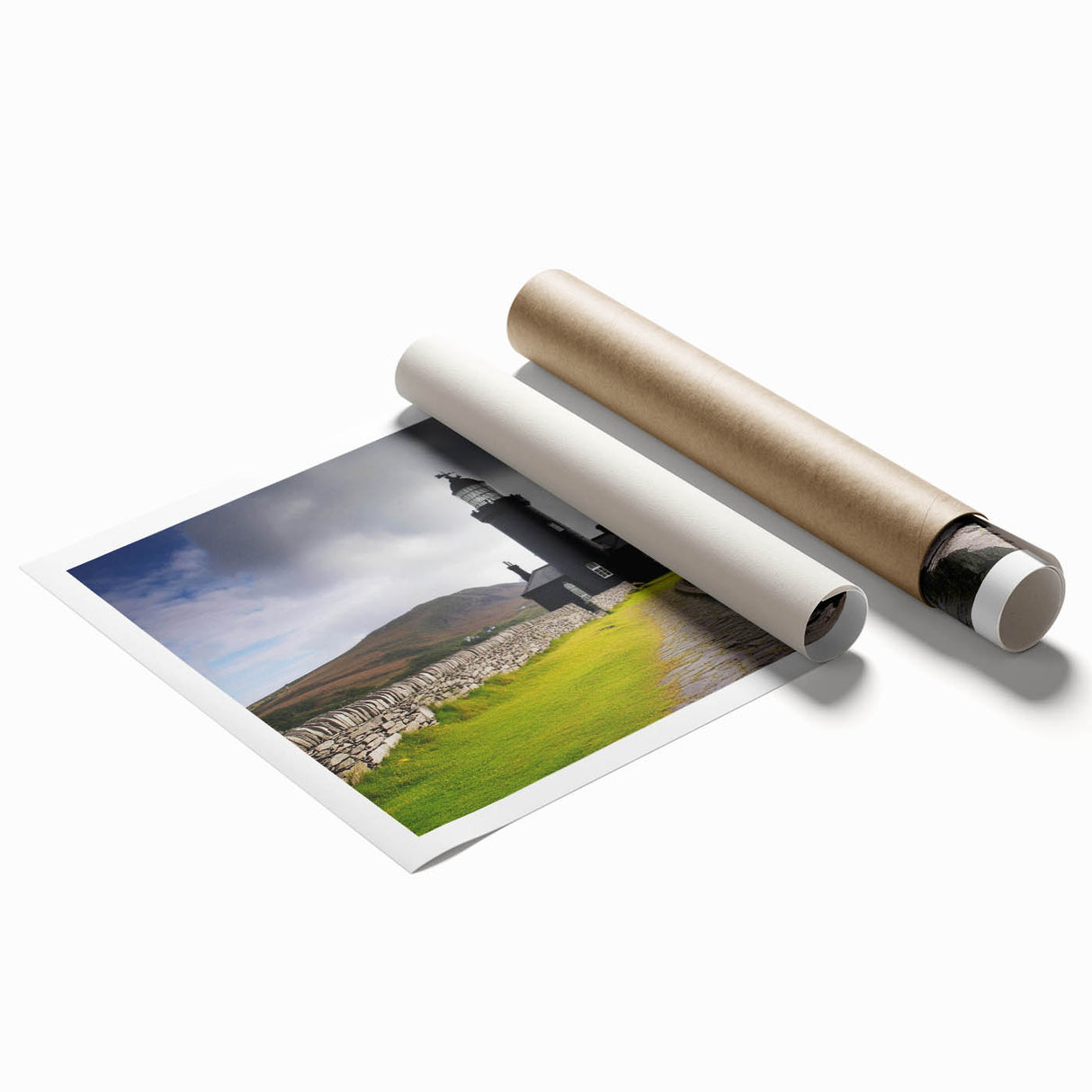 Rolled print of a coastal lighthouse design, showcasing vibrant colors and intricate details, perfect for home decor or nautical-themed spaces, securely packaged in a durable tube.