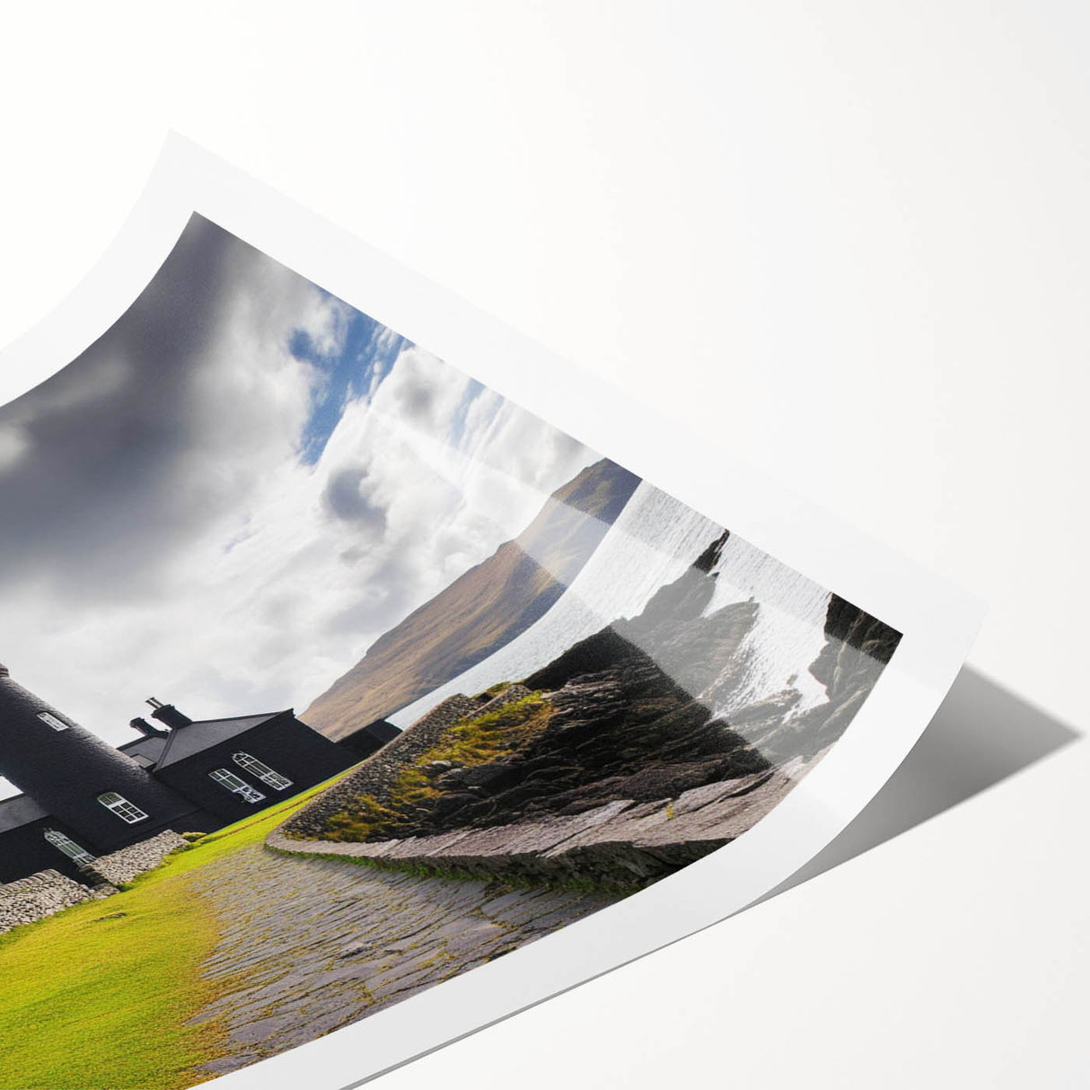 Lighthouse wall art print featuring a serene coastal landscape with vibrant colors and intricate details, ideal for home decor. Rolled and ready for framing.