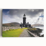 Vibrant stretched canvas wall art featuring a serene lighthouse landscape design, accentuated by blue skies and ocean waves, ideal for coastal decor enthusiasts.