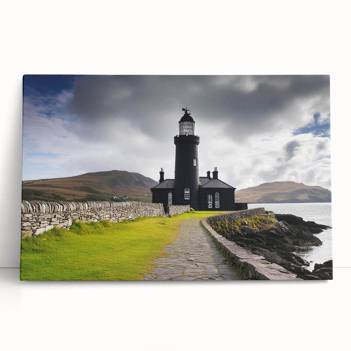 Stretched canvas wall art showcasing a serene lighthouse landscape design with vibrant colors, perfect for coastal-themed home decor. Ideal for creating a tranquil atmosphere.