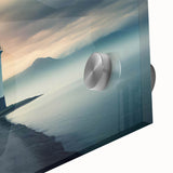 Close-up view of a vibrant acrylic glass wall art collection showcasing a serene lighthouse landscape design, emphasizing intricate details and colors, perfect for home décor.
