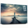Acrylic glass wall art collection showcasing a serene lighthouse landscape design, featuring vibrant colors and a side view with decorative pins, ideal for coastal-themed decor.