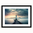 Elegant black-framed wall art featuring a tranquil lighthouse landscape design, enhanced with a mat for added depth, perfect for coastal-themed decor.