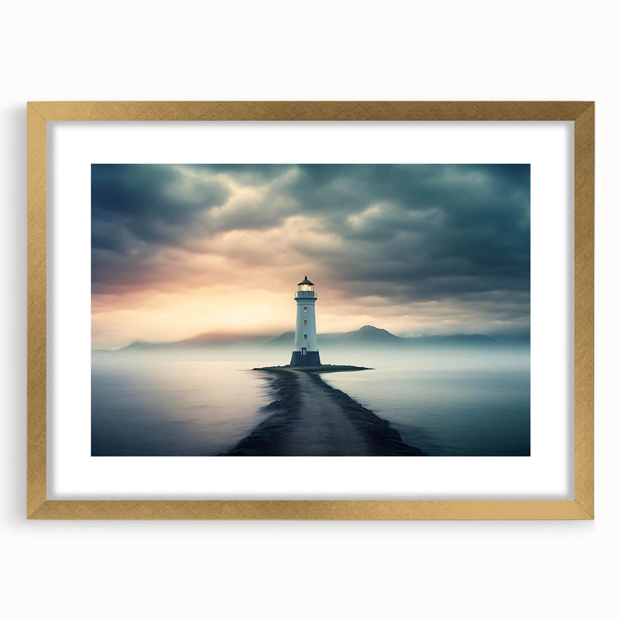 Framed wall art collection showcasing a serene lighthouse landscape design with a gold mat, perfect for coastal-themed home decor, enhancing any living space.