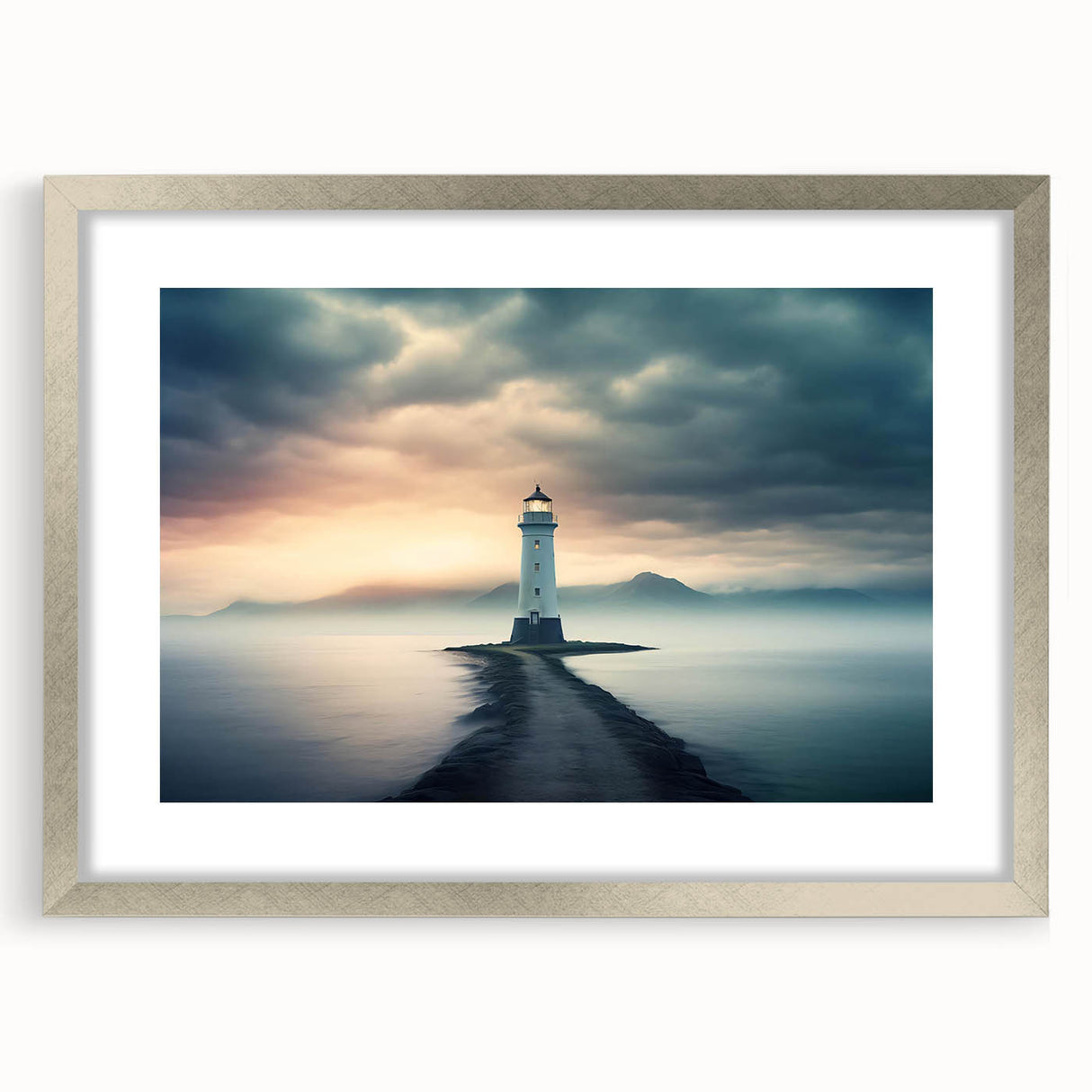 Framed silver wall art showcasing a serene landscape with a lighthouse, complemented by a mat for an elegant finish, ideal for home decor.