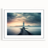Framed wall art collection showcasing a serene lighthouse landscape design with a white mat, perfect for enhancing coastal-themed decor in living spaces.